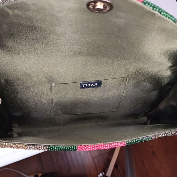 Tiana Beaded Bee Clutch Gold Red Green Stripe Camo Design  Snap Closure 10" x 6" - Picture 15 of 15